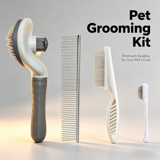 4PCS Pet Groomer Tools Shedding Grooming Kit - Self-Cleaning Slicker Brush, Dual-Sided Stainless Steel Dematting Comb, Tear Stain Comb, Fur Removal Tool for Long/Short Hair Dogs & Cats - Fur-Free Home Supplies